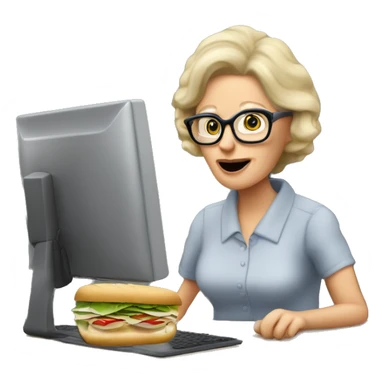 blonde older lady wearing office glasses eating a tuna sandwich sat at a computer desk sticker