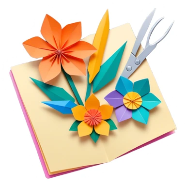 Paper crafting icon, various paper crafts like origami, paper flowers, and scrapbooking materials, visible tools such as scissors, glue stick, and paper sheets, colorful paper patterns, minimalistic style, clean lines, transparent background. sticker