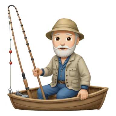 an old white haired, bearded man in fisherman attire, sat in a big boat on the ocean, holding one fishing rod in one hand, with the end of the fishing line touching the water sticker