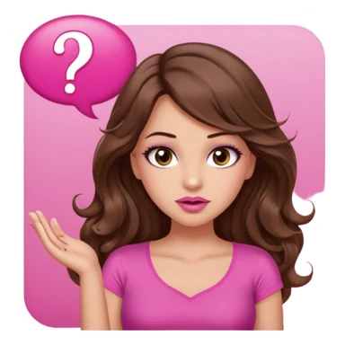 girl with long wavy brown hair, brown eyes, long lashes makeup, sexy pink lips, light to medium complexion, wearing a pink sexy top, shugging, question mark one speech bubble sticker