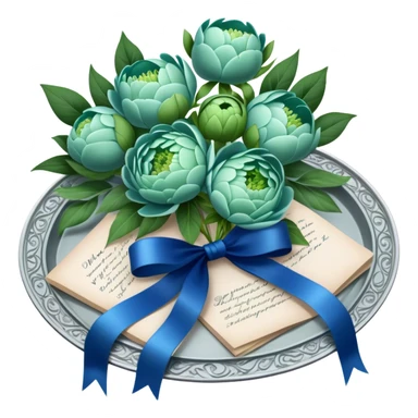 A beautifully ornate silver tray holding a bouquet of soft green peonies and a love letter tied with a deep blue ribbon. sticker