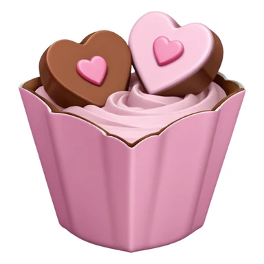 Two square milk chocolate , Each praline is a sharp-edged cube with smooth glossy chocolate coating, placed in a small white fluted paper candy cup. On top of each cube is a flat pastel pink heart-shaped icing sticker