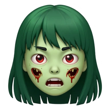 scary zombie emoji, green skin, long black hair with bangs, terrified expression sticker