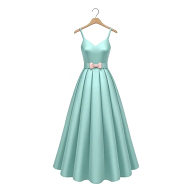 A 3D cartoon long elegant dress neatly displayed on a hanger, soft lighting, smooth fabric texture, Memoji-style rendering. sticker