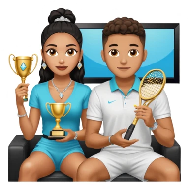 Internet celebrity Josh King Madrid jetset wearing shiny diamond earrings and sparkly iced out diamond tennis necklace chains with Instagram model girl tefi valenzuela sitting with him holding gold internet celebrity trophy on tv show in Miami sticker