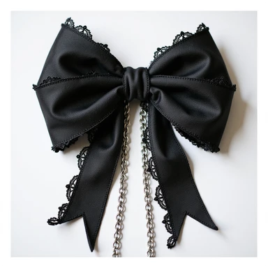 realistic black gothic bow with lace, dramatic pointed ends, ornate silver chains, transparent background sticker