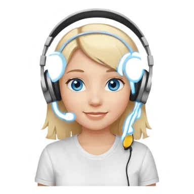 girl with blonde hair and blue eys, having on ears heaphones, with heands telling what, with white shirt sticker