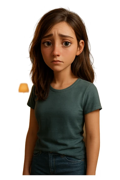 Modello 3D di personaggio femminile in stile Pixar/Blender, anatomia realistica e proporzionata, espressione facciale malinconica ma espressiva, rig per animazioni emotive, texturing skin realistico ma stilizzato, capelli con physics dinamici, vestiti casual modellati con cloth simulation, illuminazione soft e cinematografica, ambiente camera da letto 3D dettagliato, rendering Cycles con subsurface scattering per pelle naturale sticker