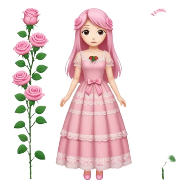 pastel anime woman with pink and white lace dress full body and long hair with roses sticker