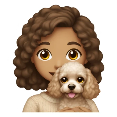 Pretty brown eyed tan girl with brown hair in a beige sweater holding a white sweet toy poodle sticker