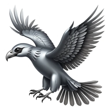 Emoji-style icon of a large metallic predatory bird flying, sharp wings, steel texture, dramatic pose, no gold no yellow sticker