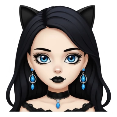 A girl with long black hair and blue eyes, black eyeshadow, black cat eye liner, mascara, and black lipstick,and black skull earrings. Also a black sexy dress   sticker