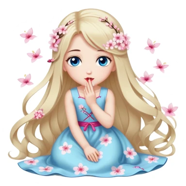 Turkish Girl with long blond hair and sakura accessories on her hair with a long tailed sakura dress on the ground and have blue eyes beautiful finish and she sending lovely kisses  sticker
