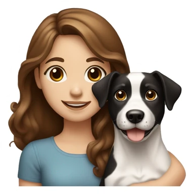 happy girl with brown hair blue eyes holding a black and white dog sticker