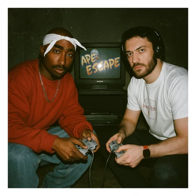Create a grunge analog shot featuring a rapper in Tupac style (not recognizable) and the boy from the reference photo sitting on the floor. There is a 90s CRT TV with Ape Escape on Playstation 1 in a dimly lit room. Both hold Playstation 1 controllers and look at the camera with flash, creating a retro atmosphere. sticker