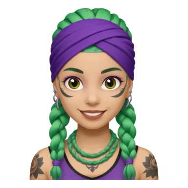 green braided hair with purple head bandana and lots of face tattoo girl sticker
