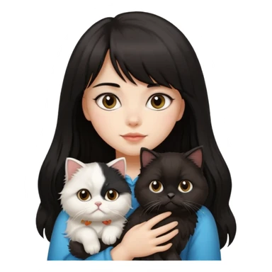 a girl with long dark brown, almost black hair with bangs, carrying a black and white fluffy Persian cat sticker