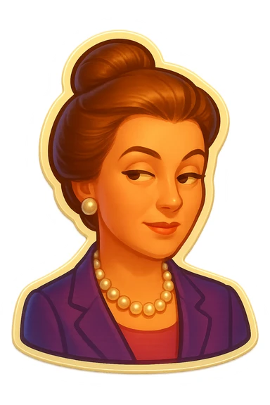 Make the old money lady look younger while maintaining her elegant style, with her hair up, pearls, and a sophisticated expression. Keep the transparent background. sticker