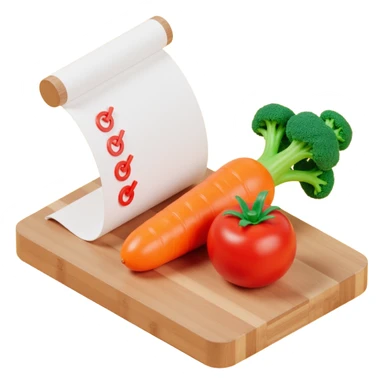 carrot tomato brocoli on the wooden cutting board with floating rolled paper list with checkbox sticker
