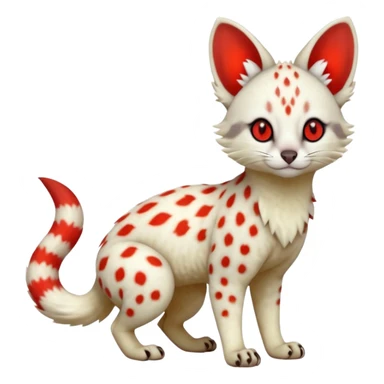 White Albino light-grey spotted Serval-Civet-Genet-Trico-Furret-Linoone-Fakémon-Pokémon-animal-hybrid-fusion-creature (full body) with glowing red eyes, cute, elegant, soft, realistic, pastel fur sticker