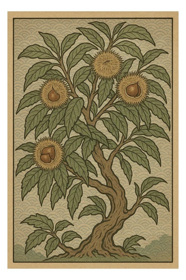 Chinese chestnut tree with visible chestnuts, ukiyo-e style sticker