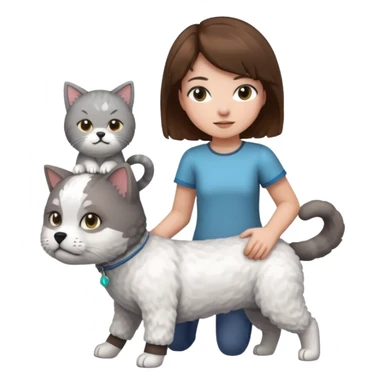 A grey cat standing on the back of a white bichon frisør dog, with a girl with short brown hair sitting beside playing Minecraft sticker