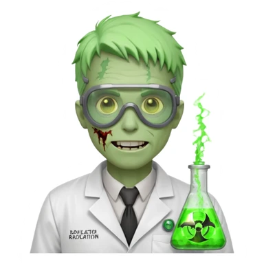 radioactive zombie scientist portrait, head and shoulders only, glowing toxic veins, cracked goggles, lab coat with radiation badge, sinister smile, 3D cartoon, mobile game icon style, clean background, no text, no watermark
 sticker