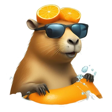capybara chilling with sunglasses in water and he has a orange on his head sticker