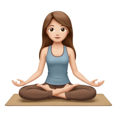 Brown long hair, white girl sitting on a beige rug doing yoga, brown clothes sticker