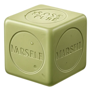 single cube of traditional Marseille soap, matte slightly rough surface, pale olive-green color, embossed classic markings on sides, natural imperfections like air bubbles and uneven edges, no packaging or extras, soft lighting, subtle shadows, emoji scale sticker