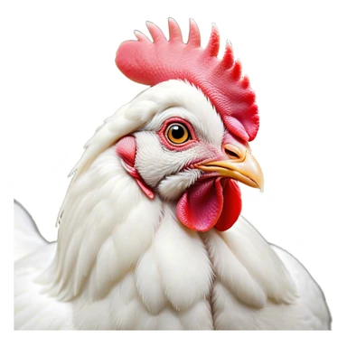 Cinematic Noble White Chicken Portrait Emoji, Poised and regal, with a compact, sturdy build and a pristine, well-groomed pure white plumage, deep-set soulful beady eyes, Simplified yet sharp and sophisticated features, highly detailed, glowing with a soft, dignified glow, high shine, intelligent and alert, stylized with an air of barnyard elegance, focused and attentive, soft glowing outline, capturing the essence of a watchful and confident fowl, so majestic it feels as though it could strut out of the screen with effortless authority! sticker