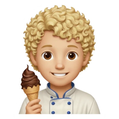 boy blonde curly hair, chef, eating chocolate ice cream sticker