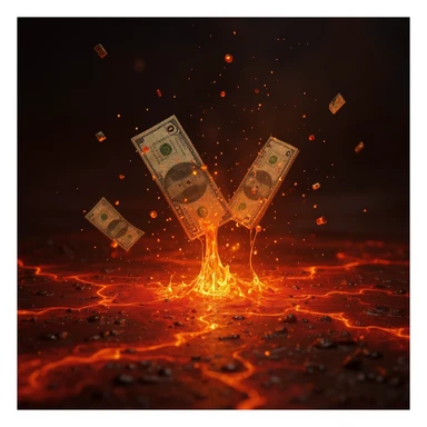 Transform the stacks of money into a scene where the money is flowing like lava, with a molten, liquid effect. The money should look real and the lava effect should be vivid and dynamic, in a realistic, photorealistic style. sticker