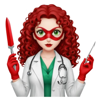 Lilith sexy evil woman. She has green eyes.  had brown long curly hair.  evil surgeon kills with scalpel wears red sexy doctor coat with red long mouth cover red gloves.  sticker