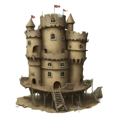 Multiple pieces of junk creating large round castle house, on four tall legs  sticker