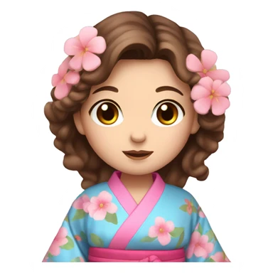 cute girl with BLUE eyes and brown hair in pink flower kimono sticker
