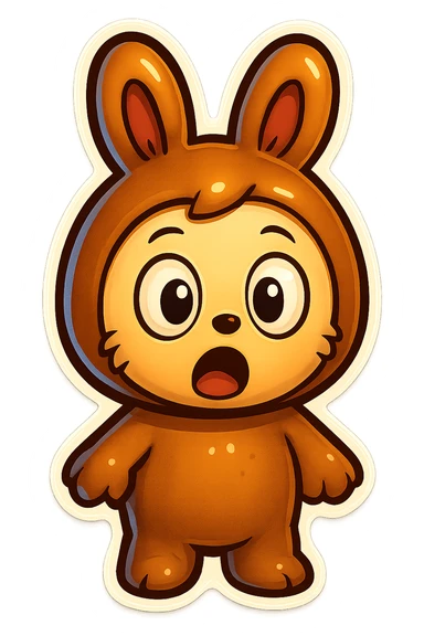 Change the brown bunny character's face to a surprised expression with wide eyes and open mouth, keeping the same retro stickers style. sticker