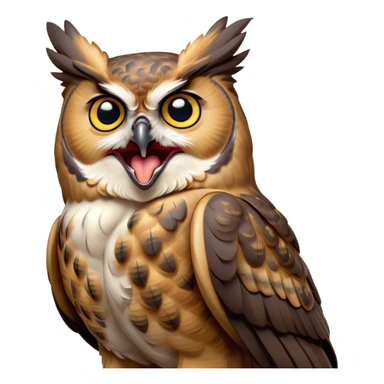 Cinematic Cute Yawning Great Horned Owl Portrait Emoji, Head tilted slightly with a dramatic, wide-open yawn, showcasing a soft, downy mottled plumage with gently drooping feathers, round golden eyes barely open in drowsy contentment, Simplified yet irresistibly adorable features, highly detailed, glowing with a soft, cozy glow, high shine, relaxed yet expressive, stylized with a touch of nocturnal whimsy, bright and endearing, soft glowing outline, capturing the essence of a sleepy yet affectionate owl, so drowsy it feels like it could glide out of the screen and curl up for a nap! sticker