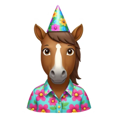 horse in flowered shirt with party hat, front view sticker