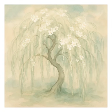 willow tree with white blossoms, stylized, soft colors sticker