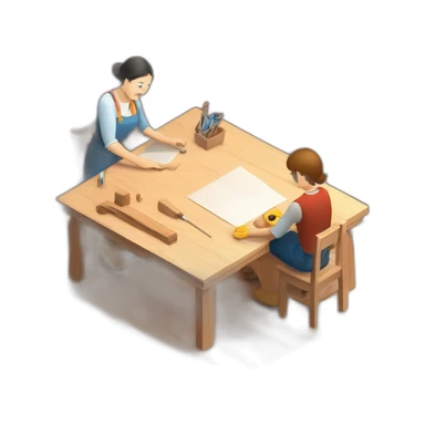 isometric square transparent solid outline border containing indoor woodworking teacher with student teaching in creative workshop on long table sticker