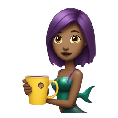 mermaid with a purple tail and a short bob haircut, brown hair, holding a cup of coffee in a yellow package sticker