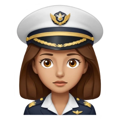 woman with brown hair and brown eyes.  space ship captain with white hat sticker