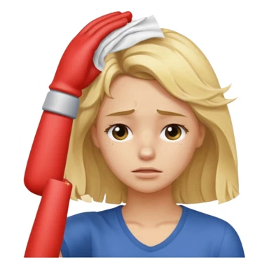 tired blond girl with lightly wavy hair, wipes away sweats from the forehead sticker