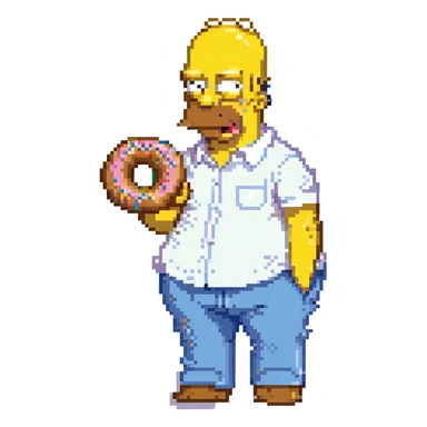 Homer Simpson pixel art style, yellow skin, bald, white shirt, blue pants, eating a donut sticker