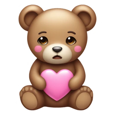 Kawaii Teddy bear with sad eyes holding a pink heart sticker