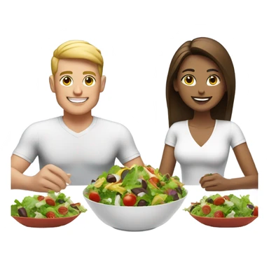 emoji Sporty white couple, man and woman in sportswear, sitting at Christmas festive dinner table only salads. behind them is a Christmas tree sticker