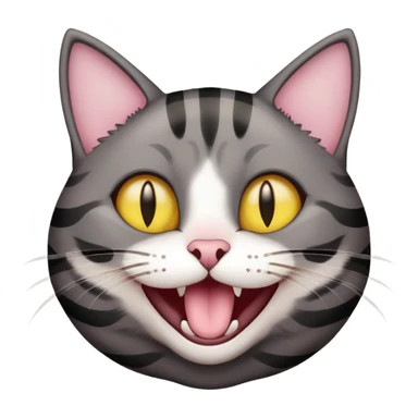 Head of a dark gray-brown striped cat with dark yellow eyes, eyes circled in black, nose light pink, cat laughing  sticker