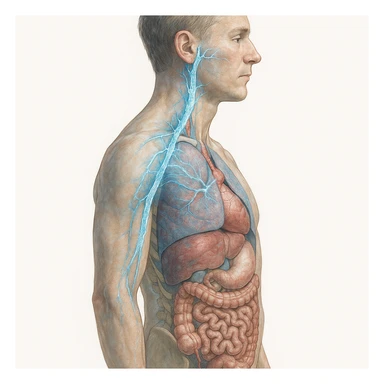 realistic human body with vagus nerve highlighted, lateral view, anatomical details, vagus nerve path clearly visible, ice effect and blue shades along the nerve, transparency showing internal organs, white background sticker