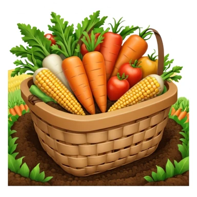 A 3D cartoon basket filled with fresh farm produce like carrots, tomatoes, and corn, placed on soil ground, soft natural lighting, Memoji-style texture. sticker